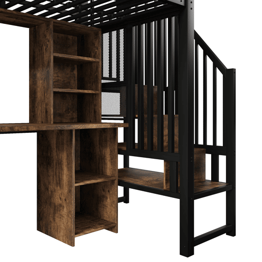 Cama alta 90x200 cm - Estrutura de ferro, armário, secretária e escada com arrumação - Preto