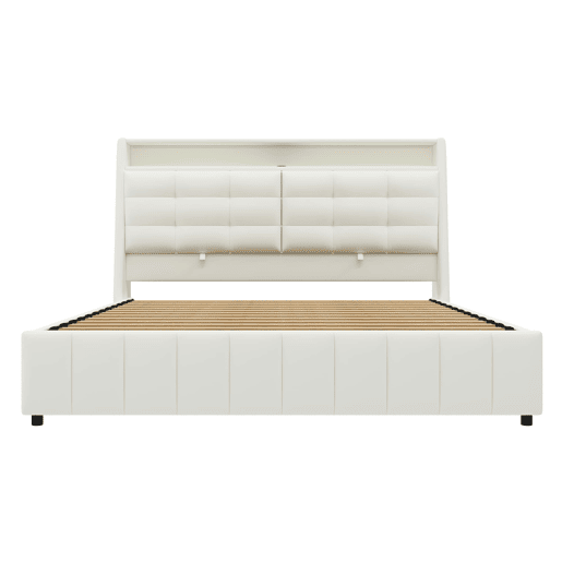 Cama plataforma 160x200 - estofada, LED, USB, arrumação e cabeceiras ajustáveis - Branco