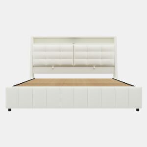 Cama plataforma 160x200 - estofada, LED, USB, arrumação e cabeceiras ajustáveis - Branco