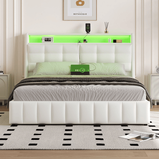 Cama plataforma 160x200 - estofada, LED, USB, arrumação e cabeceiras ajustáveis - Branco