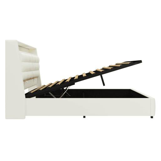 Cama plataforma 160x200 - estofada, LED, USB, arrumação e cabeceiras ajustáveis - Branco