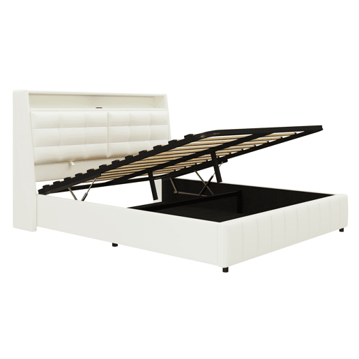 Cama plataforma 160x200 - estofada, LED, USB, arrumação e cabeceiras ajustáveis - Branco