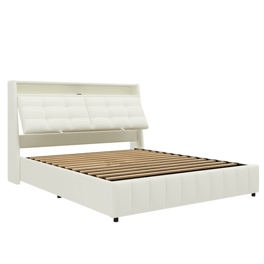 Cama plataforma 160x200 - estofada, LED, USB, arrumação e cabeceiras ajustáveis - Branco
