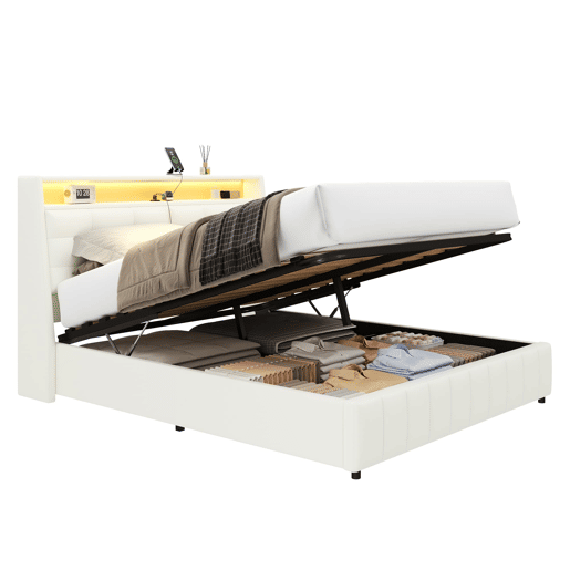 Cama plataforma 160x200 - estofada, LED, USB, arrumação e cabeceiras ajustáveis - Branco