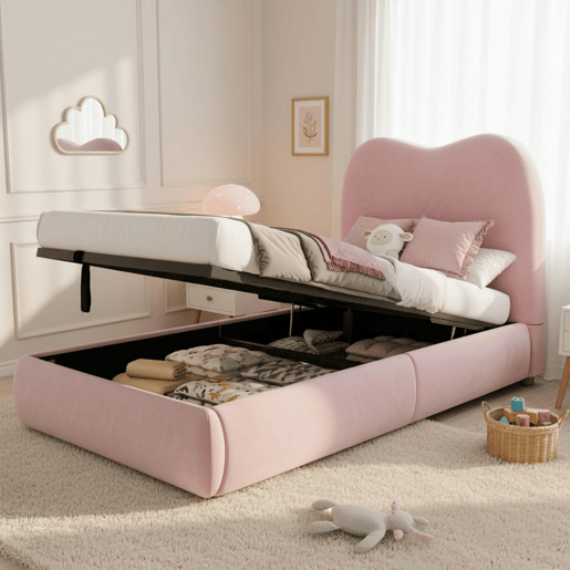 Cama individual 90x200 - canapé hidráulico com cabeceira estofada - rosa