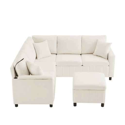 Sofá de canto para 4 pessoas 205x205 cm - Chenille, cama, pufe, candeeiro, USBType-C, mesa oculta - Bege Sofá de canto para 4 pessoas 205x205 cm - Chenille, cama, pufe, candeeiro, USBType-C, mesa oculta - Bege