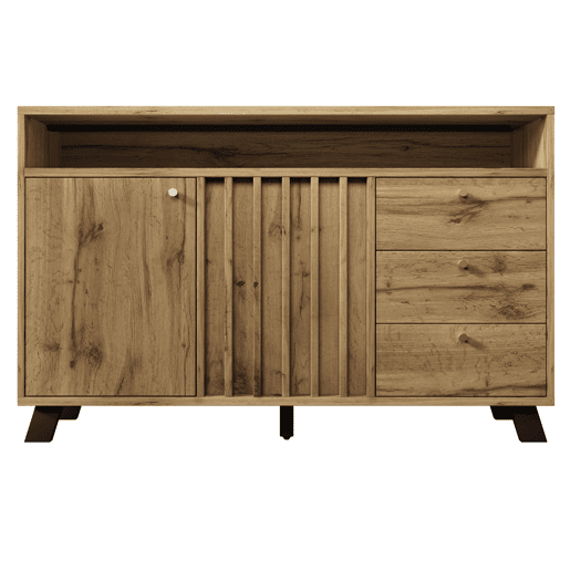 Aparador 120x40x85 cm - 3 gavetas, 2 portas, prateleira aberta, estilo vintage - Carvalho escuro
