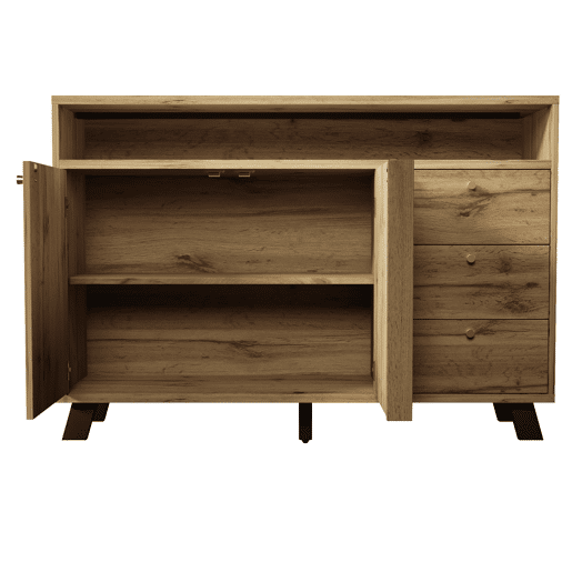Aparador 120x40x85 cm - 3 gavetas, 2 portas, prateleira aberta, estilo vintage - Carvalho escuro