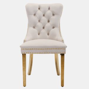 Cadeira de sala de jantar 2 peças - Veludo acolchoado, encosto capitoné, pernas douradas - Bege e dourado