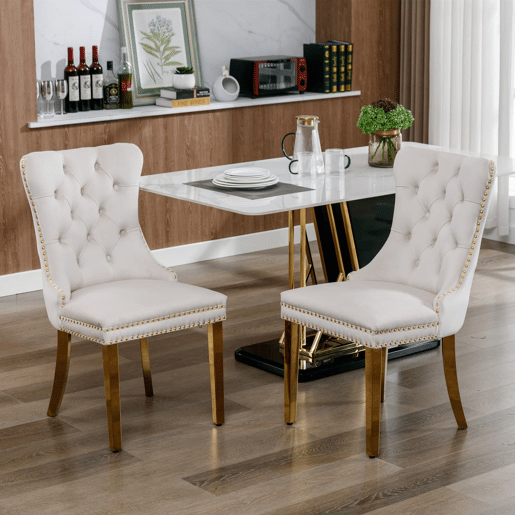 Cadeira de sala de jantar 2 peças - Veludo acolchoado, encosto capitoné, pernas douradas - Bege e dourado