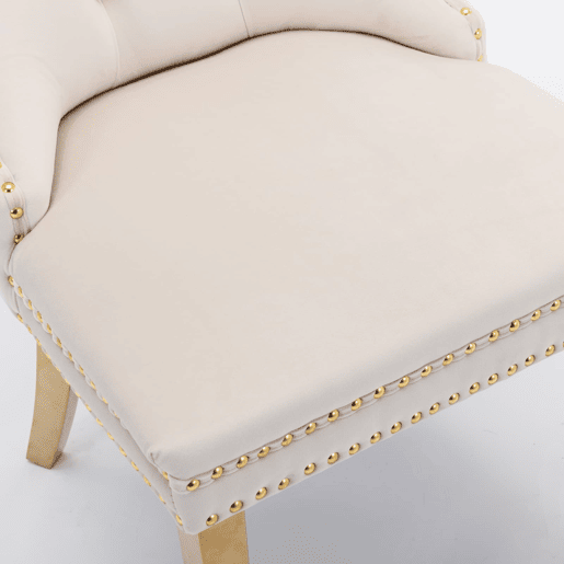 Cadeira de sala de jantar 2 peças - Veludo acolchoado, encosto capitoné, pernas douradas - Bege e dourado