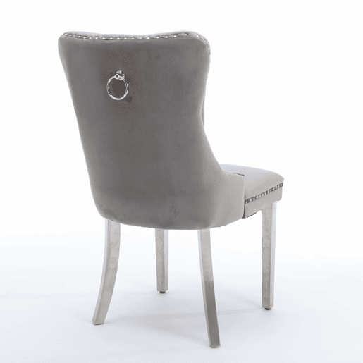 Cadeira de jantar 2 unidades - Estofada em veludo cinzento, pernas em aço cromado, detalhes em tachas - Cinza