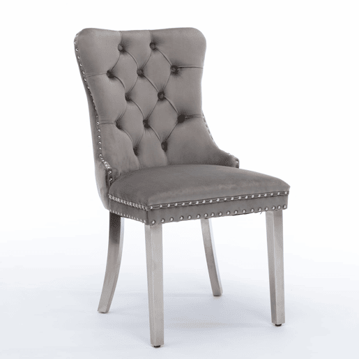 Cadeira de jantar 2 unidades - Estofada em veludo cinzento, pernas em aço cromado, detalhes em tachas - Cinza
