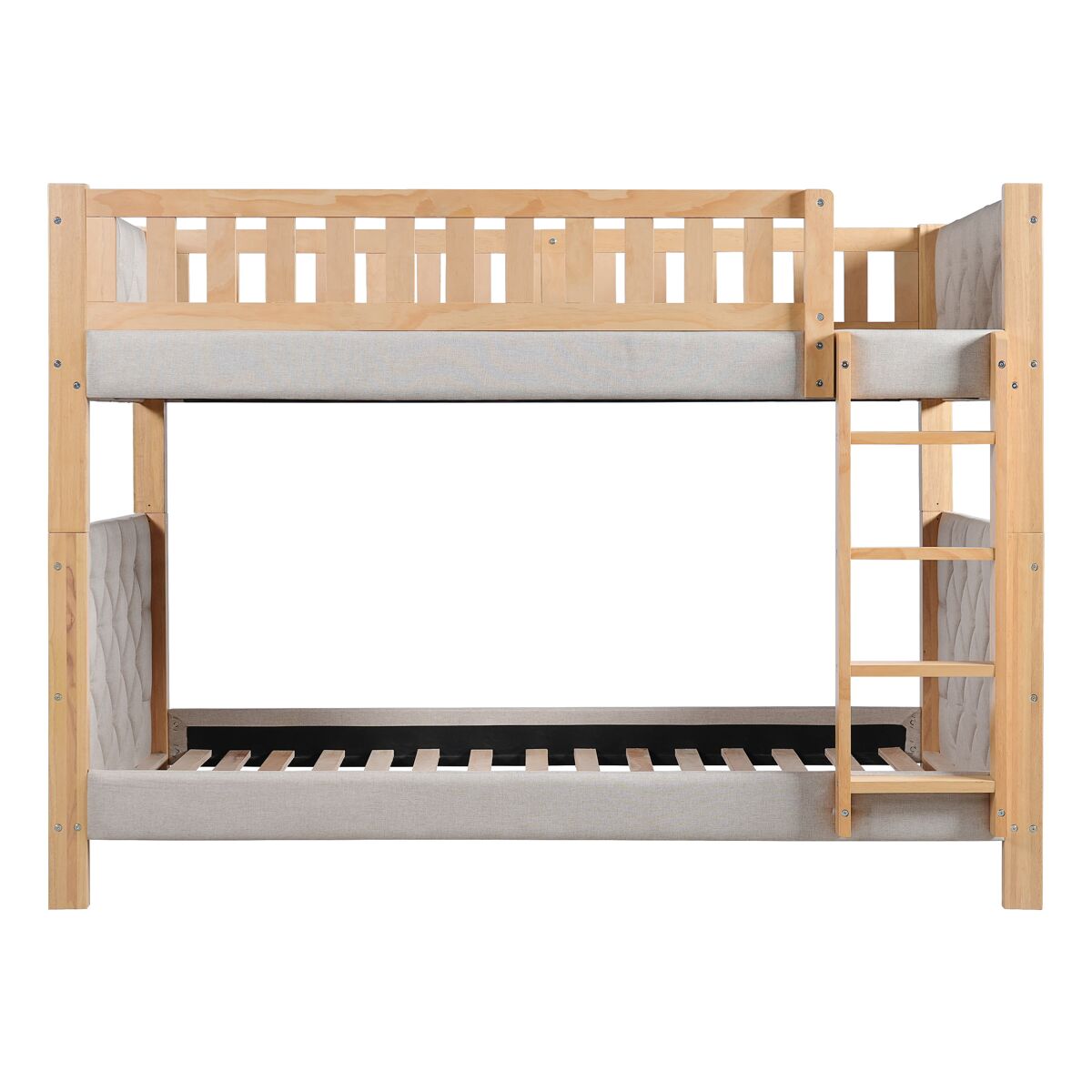 Cama alta infantil 90x200 - escalera recta 4 niveles, bordes acolchados, madera estable - gris+natural