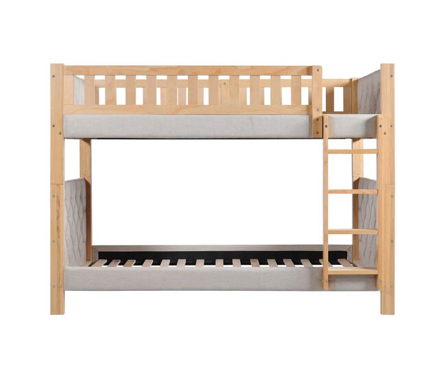 Cama alta infantil 90x200 - escalera recta 4 niveles, bordes acolchados, madera estable - gris+natural
