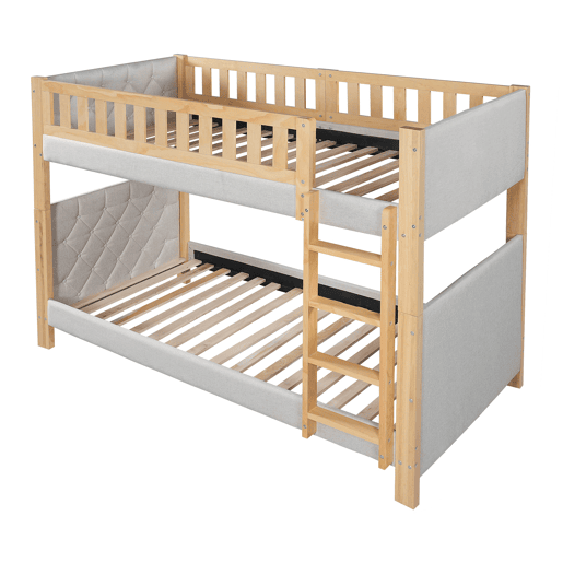 Cama alta infantil 90x200 - Escada reta de 4 degraus, bordas acolchoadas, madeira resistente - Cinza+Natural