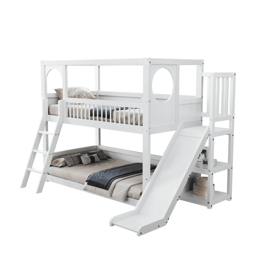 Cama beliche infantil 90x200 - multifuncional, com prateleiras e escorregador, sem colchão - branca
