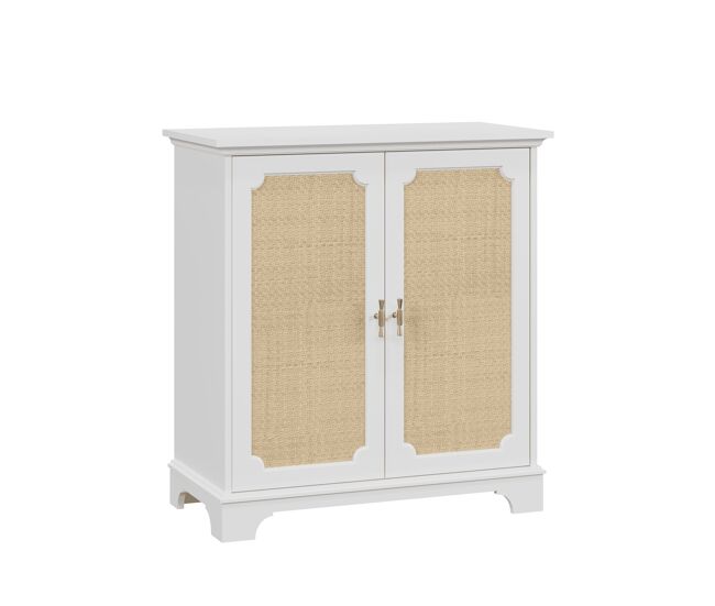 Aparador 120 cm - puertas con decoración de ratán, buffet y mueble de entrada - blanco