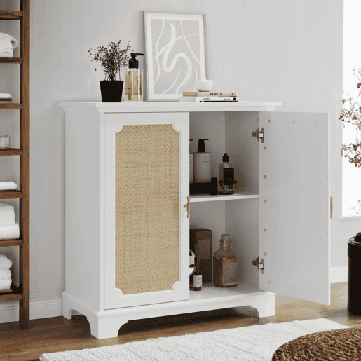 Aparador 120 cm - Portas com decoração em rattan, aparador e móvel de entrada - Branco