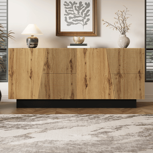 Aparador 160 cm - grande capacidade de armazenamento, design geométrico, prateleira ajustável - PretoMadeira