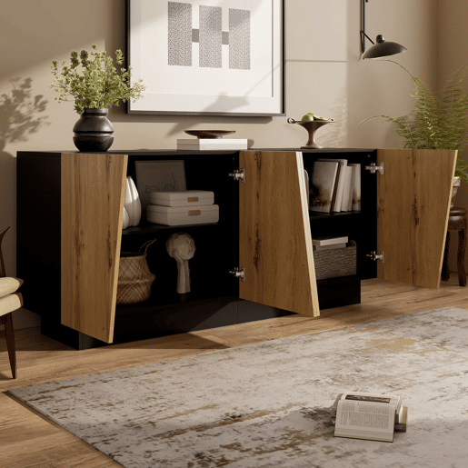 Aparador 160 cm - grande capacidade de armazenamento, design geométrico, prateleira ajustável - PretoMadeira