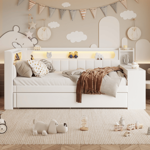 Cama de dia 90x200 - Estofada com LED e USB, com cama extra e secretária - Branca