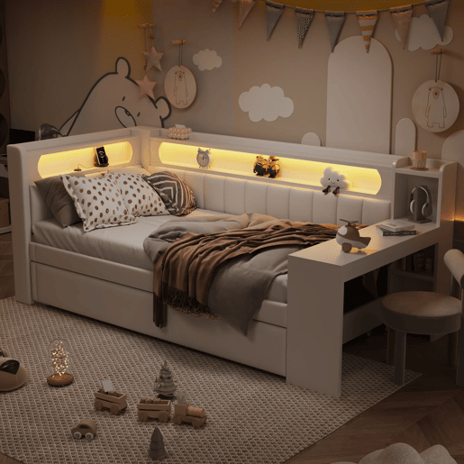 Cama de dia 90x200 - Estofada com LED e USB, com cama extra e secretária - Branca