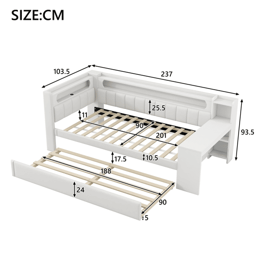 Cama de dia 90x200 - Estofada com LED e USB, com cama extra e secretária - Branca