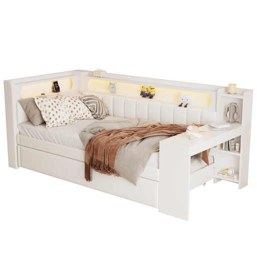 Cama de dia 90x200 - Estofada com LED e USB, com cama extra e secretária - Branca
