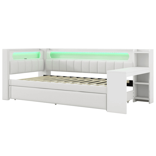 Cama de dia 90x200 - Estofada com LED e USB, com cama extra e secretária - Branca