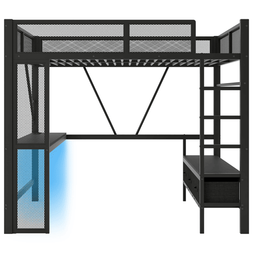 Cama alta 140x200 cm - Metal, secretária, LED, USB, armário aberto e 3 gavetas - Preto