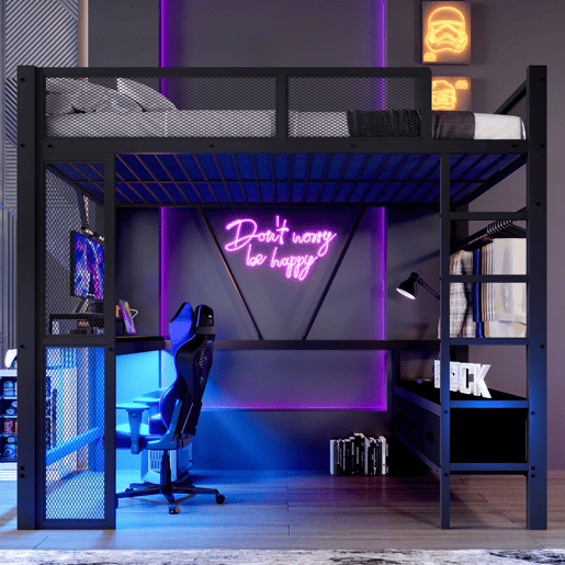 Cama alta 140x200 cm - Metal, secretária, LED, USB, armário aberto e 3 gavetas - Preto