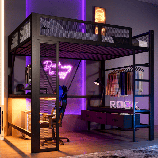 Cama alta 140x200 cm - Metal, secretária, LED, USB, armário aberto e 3 gavetas - Preto