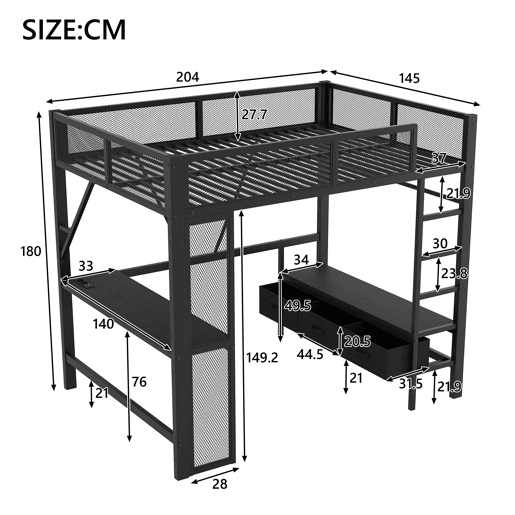 Cama alta 140x200 cm - Metal, secretária, LED, USB, armário aberto e 3 gavetas - Preto
