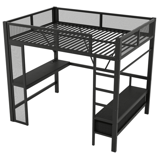 Cama alta 140x200 cm - Metal, secretária, LED, USB, armário aberto e 3 gavetas - Preto