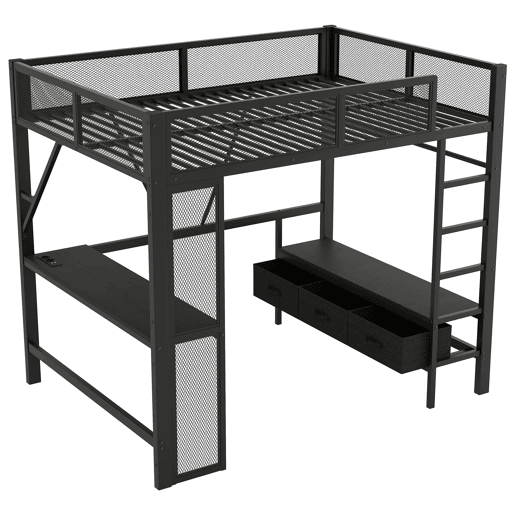 Cama alta 140x200 cm - Metal, secretária, LED, USB, armário aberto e 3 gavetas - Preto