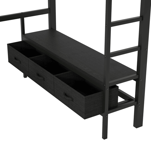 Cama alta 140x200 cm - Metal, secretária, LED, USB, armário aberto e 3 gavetas - Preto