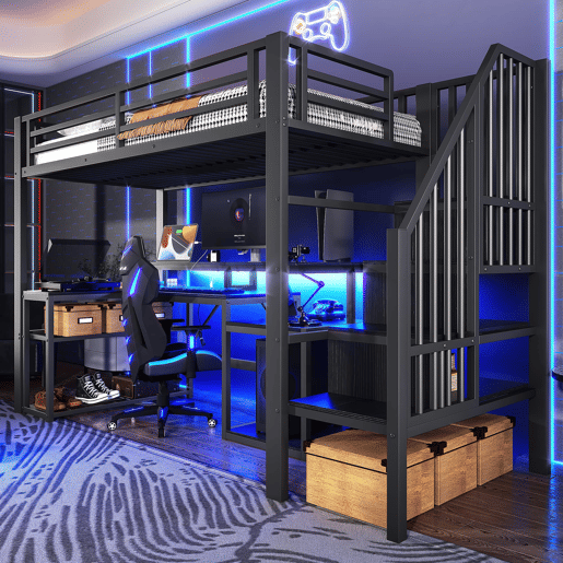 Cama alta 90x200 cm - Estrutura em ferro, secretária, escada com arrumação, LED, USB - Preto