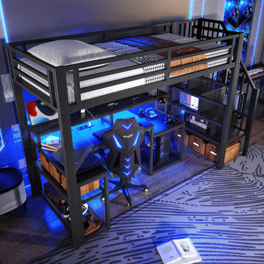 Cama alta 90x200 cm - Estrutura em ferro, secretária, escada com arrumação, LED, USB - Preto