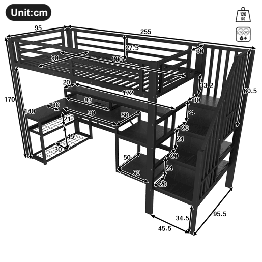 Cama alta 90x200 cm - Estrutura em ferro, secretária, escada com arrumação, LED, USB - Preto