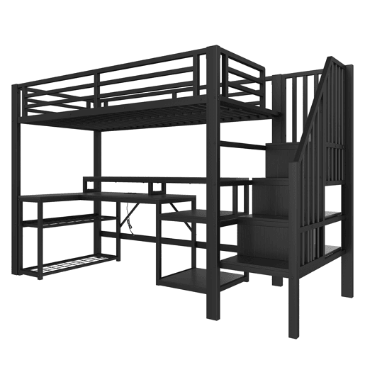 Cama alta 90x200 cm - Estrutura em ferro, secretária, escada com arrumação, LED, USB - Preto