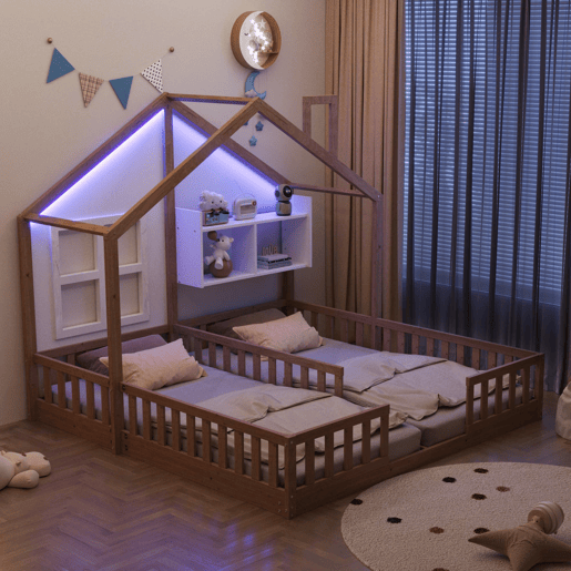 Cama infantil 90x200 - Design de casa com janelas e lareira, LED, grade e prateleiras - Madeira natural