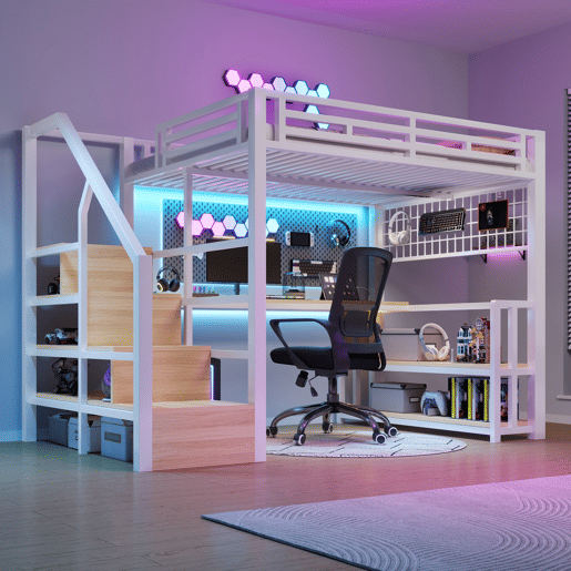 Beliche alto 140x200 - estrutura metálica, estante, secretária, LED, USB, Tipo-C - Branco