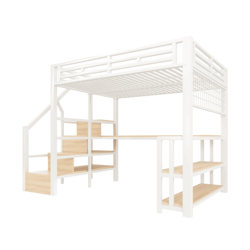 Beliche alto 140x200 - estrutura metálica, estante, secretária, LED, USB, Tipo-C - Branco
