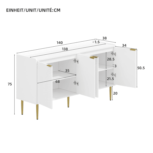 Aparador 140x38x75 cm - moderno com espaço de armazenamento - branco Aparador 140x38x75 cm - moderno com espaço de armazenamento - branco