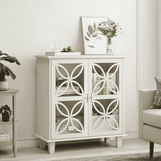 Armário de casa de banho com 2 portas - prateleiras ajustáveis, portas em vidro temperado, estilo retro - creme