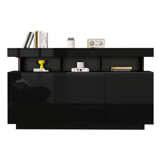 Aparador 140x35x80 cm - Moderno, alto brilho, barra de café, LED - Preto Aparador 140x35x80 cm - Moderno, alto brilho, barra de café, LED - Preto