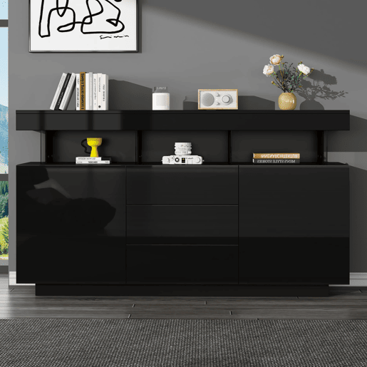 Aparador 140x35x80 cm - Moderno, alto brilho, barra de café, LED - Preto Aparador 140x35x80 cm - Moderno, alto brilho, barra de café, LED - Preto
