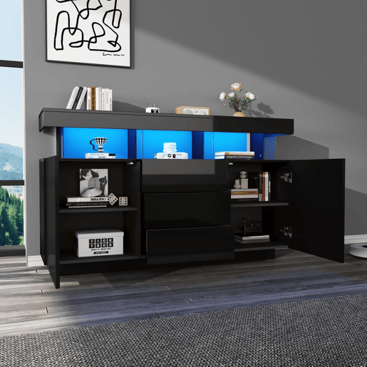 Aparador 140x35x80 cm - Moderno, alto brilho, barra de café, LED - Preto Aparador 140x35x80 cm - Moderno, alto brilho, barra de café, LED - Preto
