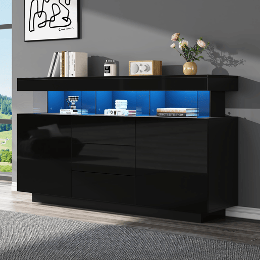 Aparador 140x35x80 cm - Moderno, alto brilho, barra de café, LED - Preto Aparador 140x35x80 cm - Moderno, alto brilho, barra de café, LED - Preto